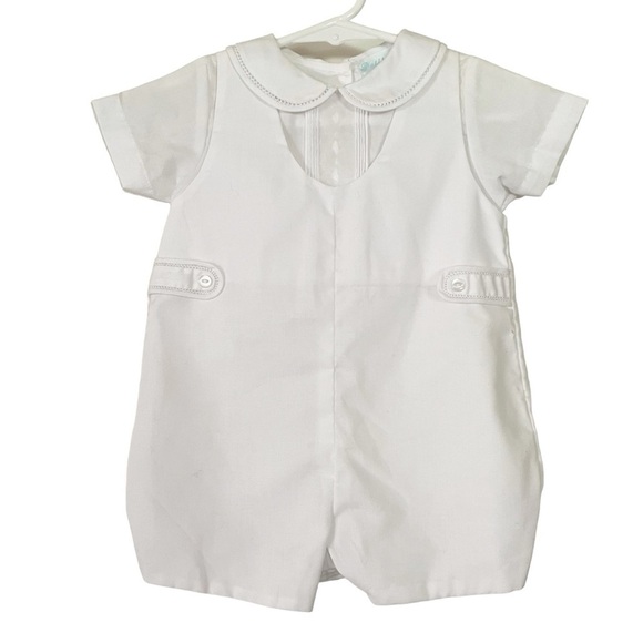 Petit Ami baby baptism christening white short sleeve romper w/ Peter Pan collar - Picture 7 of 7